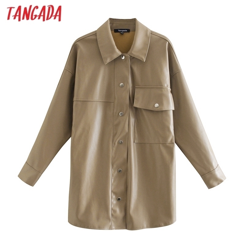 

Tangada 2020 Autumn Winter Women khaki faux leather jacket coat Ladies Long Sleeve loose oversize boy friend Coat 3H735 201124, Black