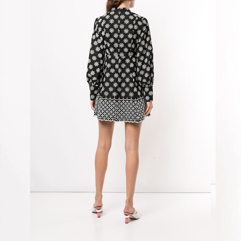 

New Floral Autumn Embroidered Puff Woman O-neck Slivers Black Mini Female Streetwear Vintage Dress 2021 Uphu