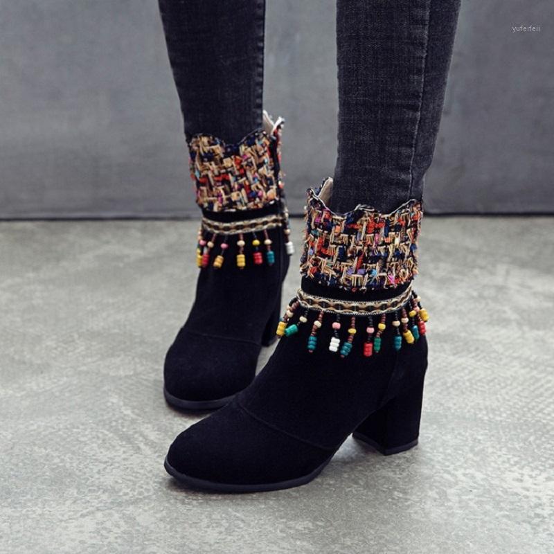 

High heels ankle boots for women autumn winter sexy string bead ladies shoes chunky heels boots botas mujer big size1, Black