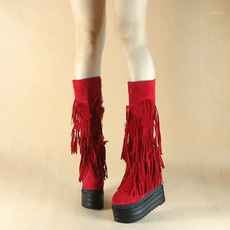 

Autumn/winter style nightclubs thin leg tall tube tassel 13CM thick platform waterproof boots for women1, Black