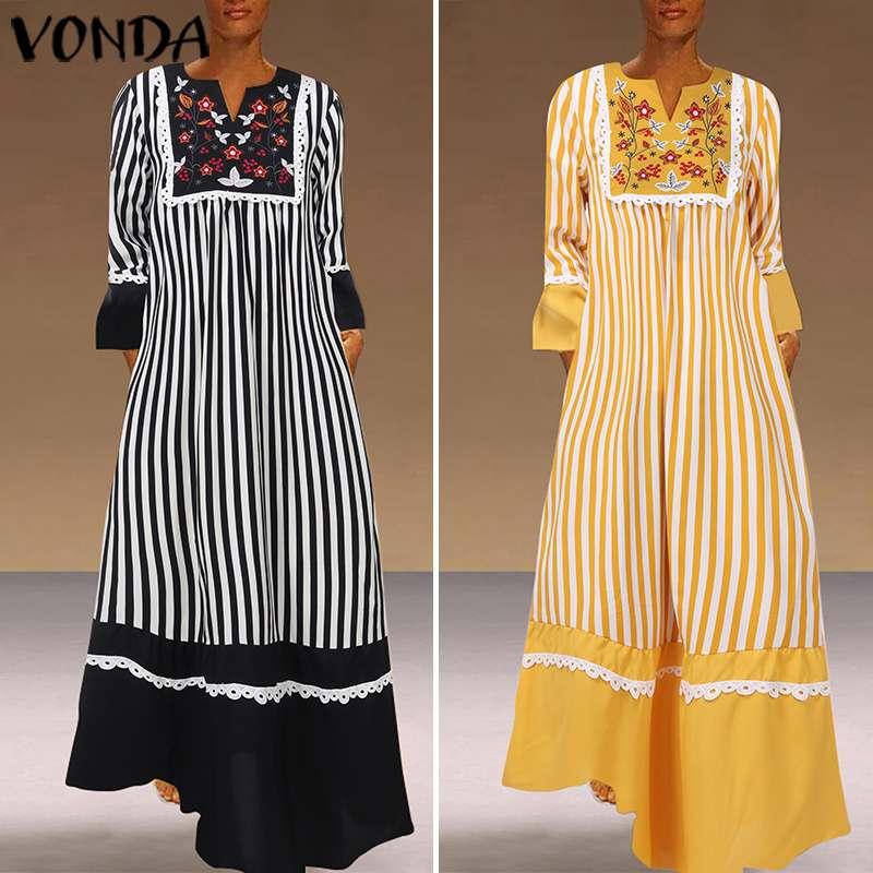 

VONDA Women Bohemian Floral Printed Dress Vintage Striped Patchwork Party Long Dress Casual Robe 2020 Autumn Vestidos Plus Size, Black