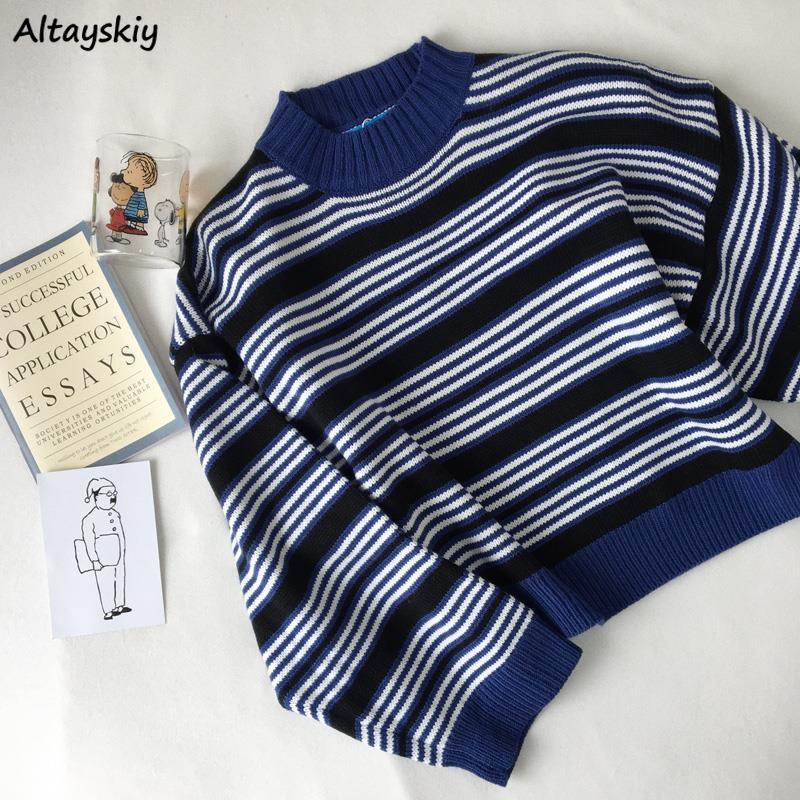 

Sweaters Women Pullovers BF Unisex Couples Japanese Striped Knitting Female New Spring Fashion Retro Daily Loose Casual Clothing, As shown