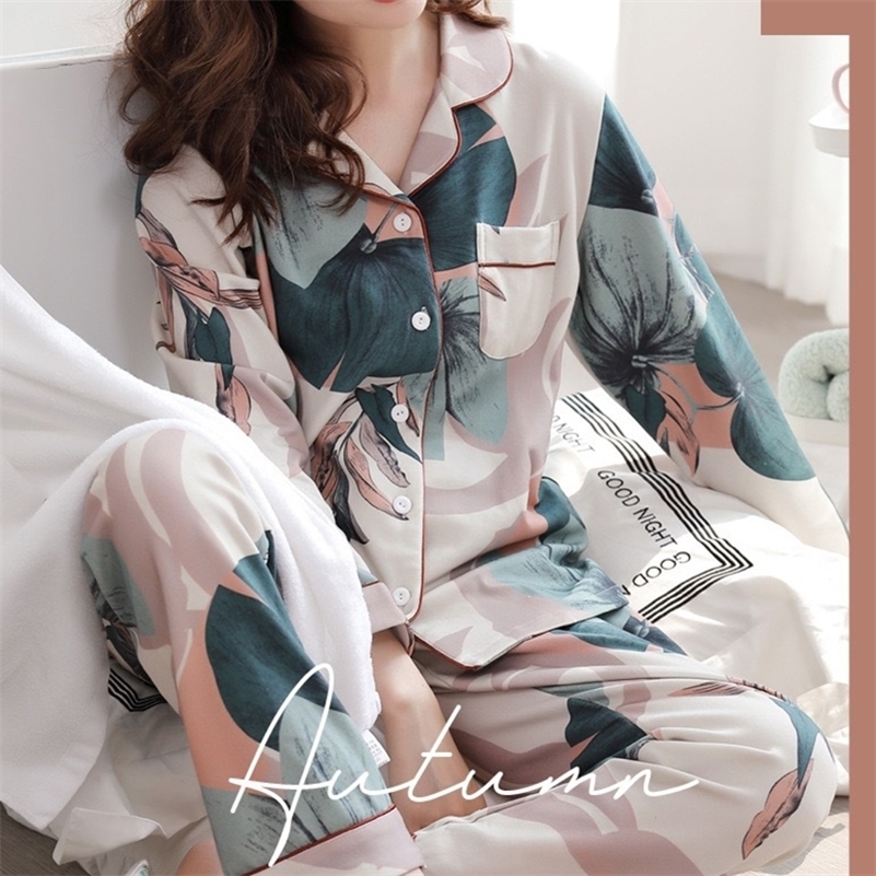 

2PCS /Sets Women Floral Printed Pajamas Sets Long Sleeve Homewear Turn-down Collar Pajama Sleepwear Winter Night Suit M/ 201113, Style 3