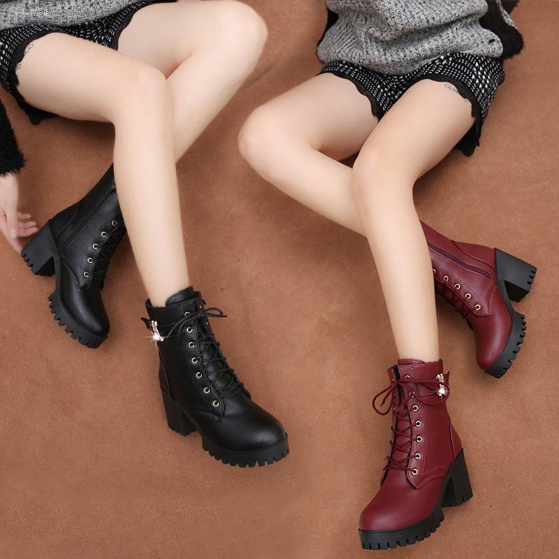 

2021 femmes bottes à lacets plat Biker Combat vin rouge bottes chaussures boucle femme botas femmes taille#30, Black