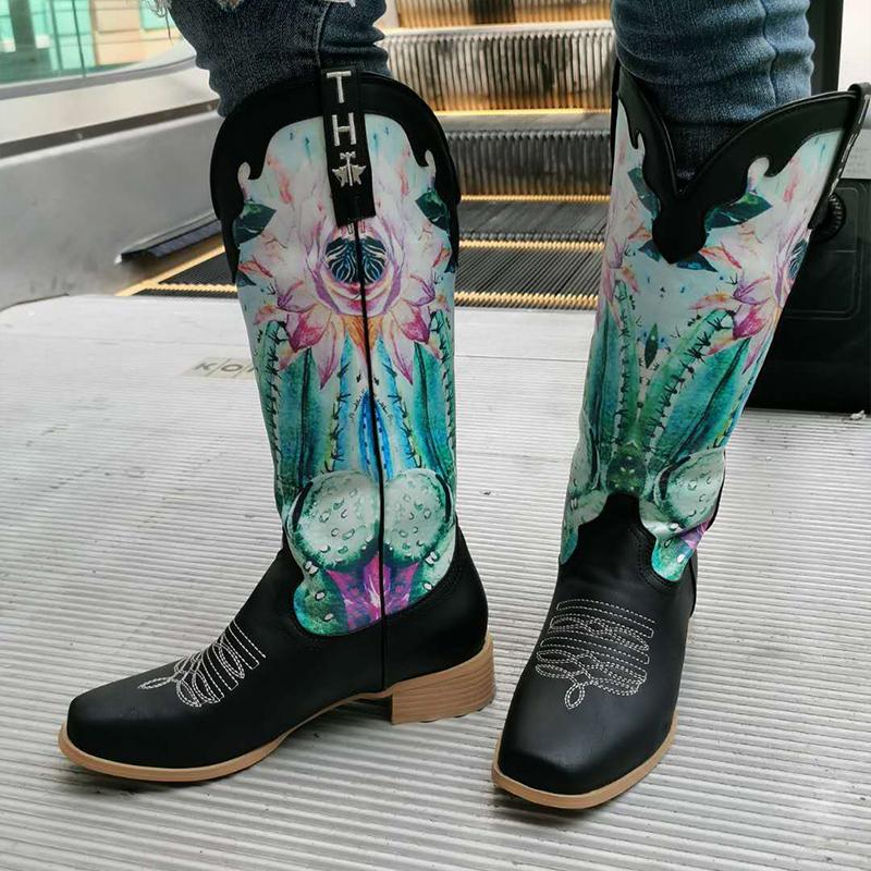 

Women Print Mid Calf Boots Woman Western Long Boots Ladies Retro Leather Low Heels Female Slip On Pumps Women's Shoes Plus Size, Yellow