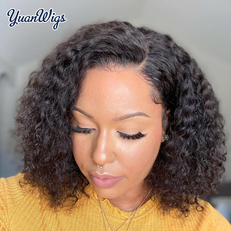 

YUAN Deep Curly Bob Closure Wig Natural Hairline Brazilian Human Hair Lace Frontal Wigs For Black Women Curly Lace Front Wigs, Natural color