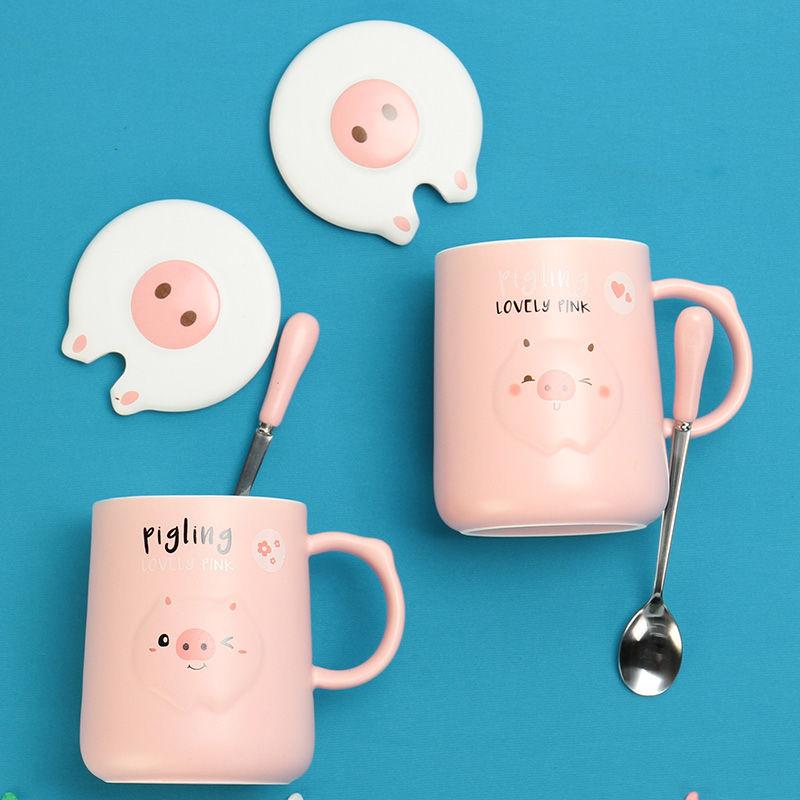 

Mug cup Korean ceramic cup with lid with spoon office mug milk coffee water breakfast, 380ml