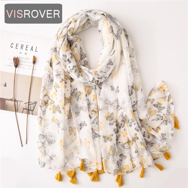 

VISROVER 2020 new butterfly printing viscose summer scarf with tassel Fashion beach Wraps Spring Shawls Hijab gift wholesales