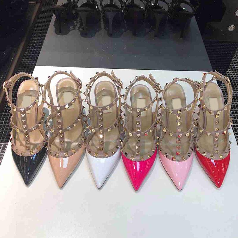

Summer Designer Rivet Strap Dress Shoes T-strap Patent Leather Pointed Toe Fashion Ladies Banquet Shoes Sexy Pumps 6.5cm 9.5cm, Black