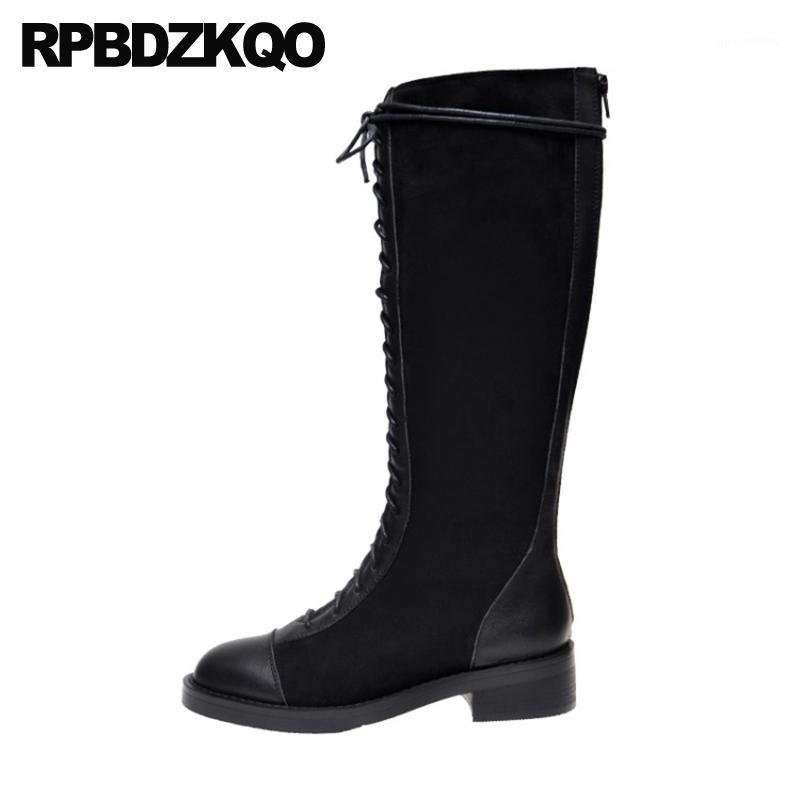 

trend autumn women boots winter 2020 genuine leather lace up high heel chunky shoes long knee quality tall round toe black block1, Black suede
