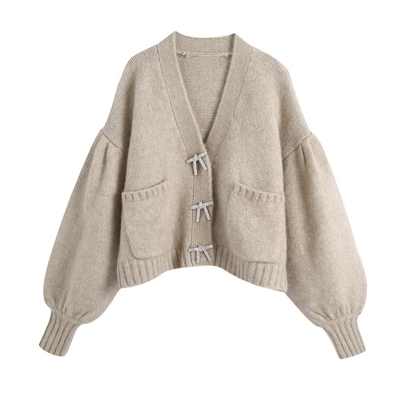 

Korean Lantern Sleeve Woman Sweater Knit Cardigan Japanese Fashion Harajuku Sweater Women, Apricot