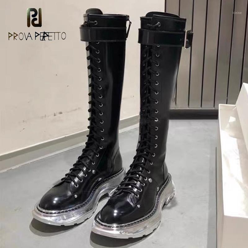 

Knight Boots Women 2021 Spring Autumn New All-match Lace-up Motorcycle Small Boots Transparent Bottom Knee High Fashion1, Black leather in