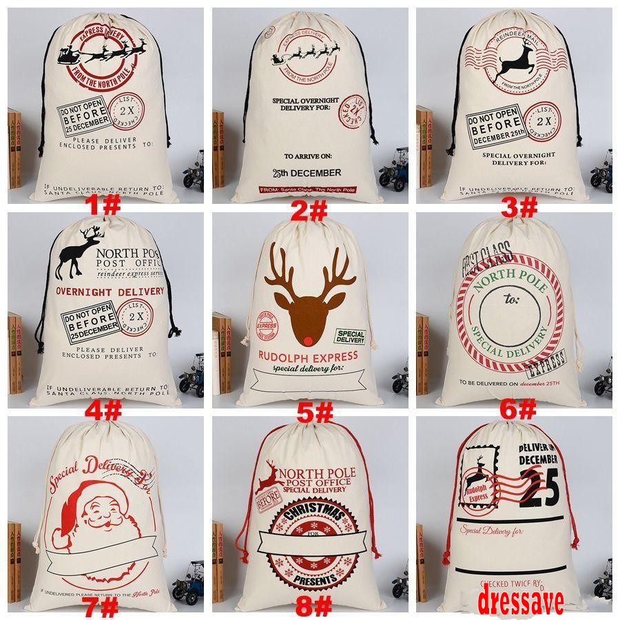 

Xmas Gifts Drawstring Canvas Santa Sacks Christmas Large Canvas Monogrammable Santa Claus Drawstring Bag with Reindeers