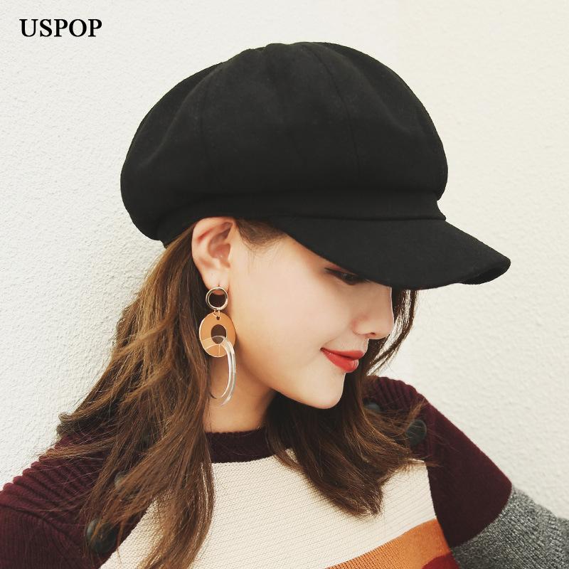 

USPOP 2020 Hot women wool Octagonal Hats female newsboy caps Solid color visor caps thick warm winter wool hats berets, Black