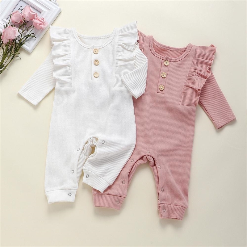 

Spring Autumn Newborn Baby Ruffle Rompers for Girls Boys Solid Cotton Ribbed Romper Toddler Long Sleeve Jumpsuits Kids Clothes 201127, Khaki