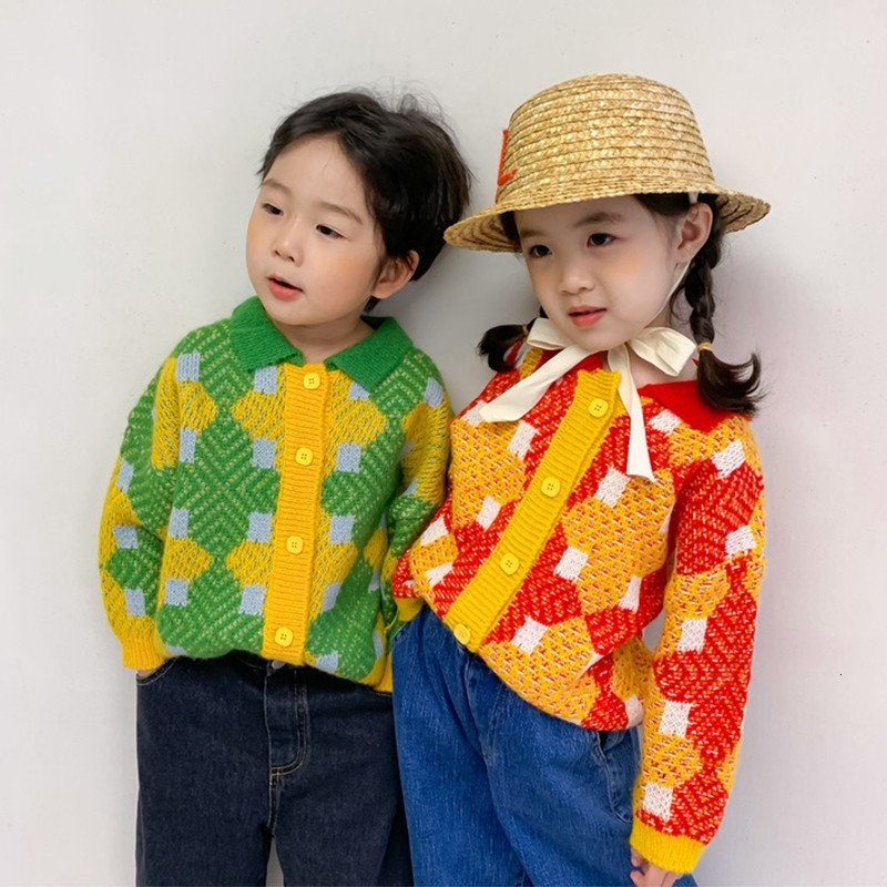 

2021 New Kids Clothes Single Breast Girls Fashion Print Boys Cardigans Lapel Knitted Sweater 1-7 Year G2qt, 2021c09green