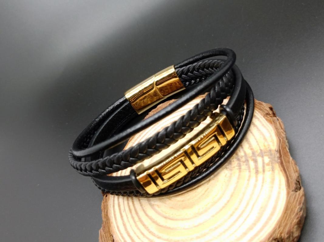 

Hot selling stainless steel men's bracelet fashion simple versatile multi layer woven men's great wall pattern leather bracelet