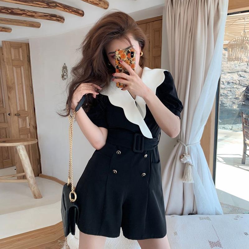 

2021 New Summer Women Lace Up Jumpsuits Elastic Waist Female Button Overalls Patchwork Romper Streetwear Playsuit S801, Black