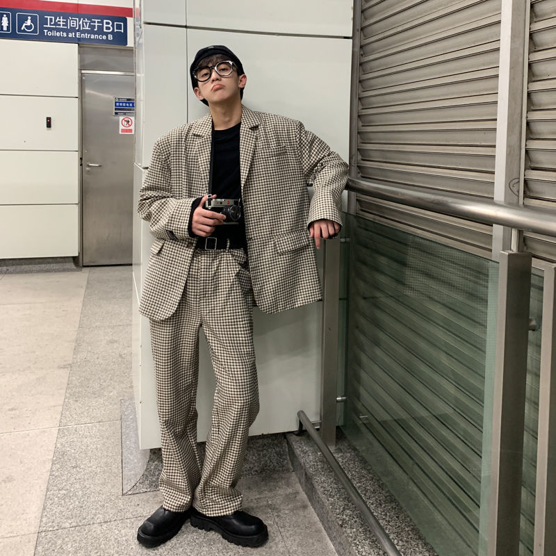 

Suits 2021 Men's Spring Autumn New Suit Breasted Jacket Plaid Pants Long Sleeve Man and Woman 9U8D, Large and loose