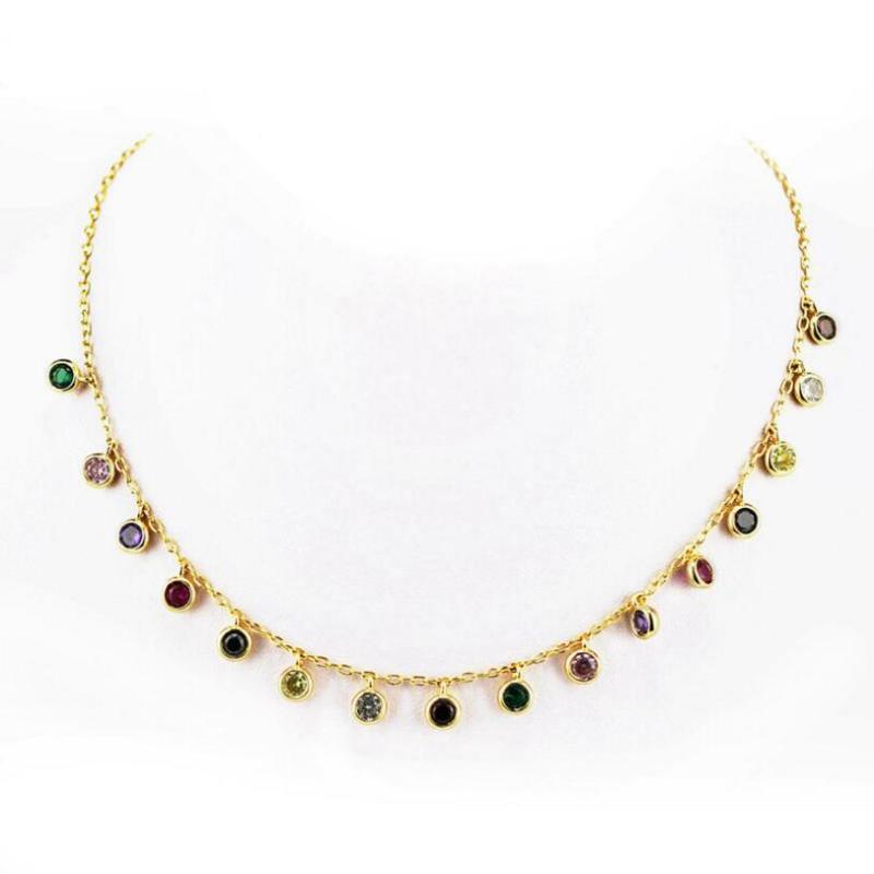 

Colorful Water Drop CZ Charm Bohemia Style Statement Necklace 35+5cm 2020 Summer Rainbow CZ Bead Gold Color Chain Choker Colar