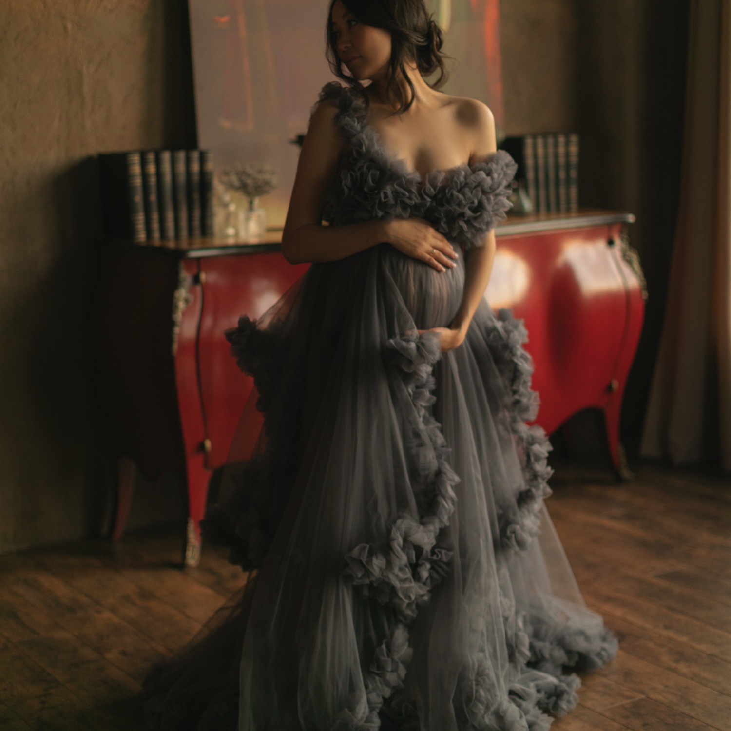 Dark Grey Maternity Sleepwear Tiered Ruffled Nightgowns for Photoshoot Boudoir Lingerie Tulle Bathrobe Nightwear Babydoll Robe