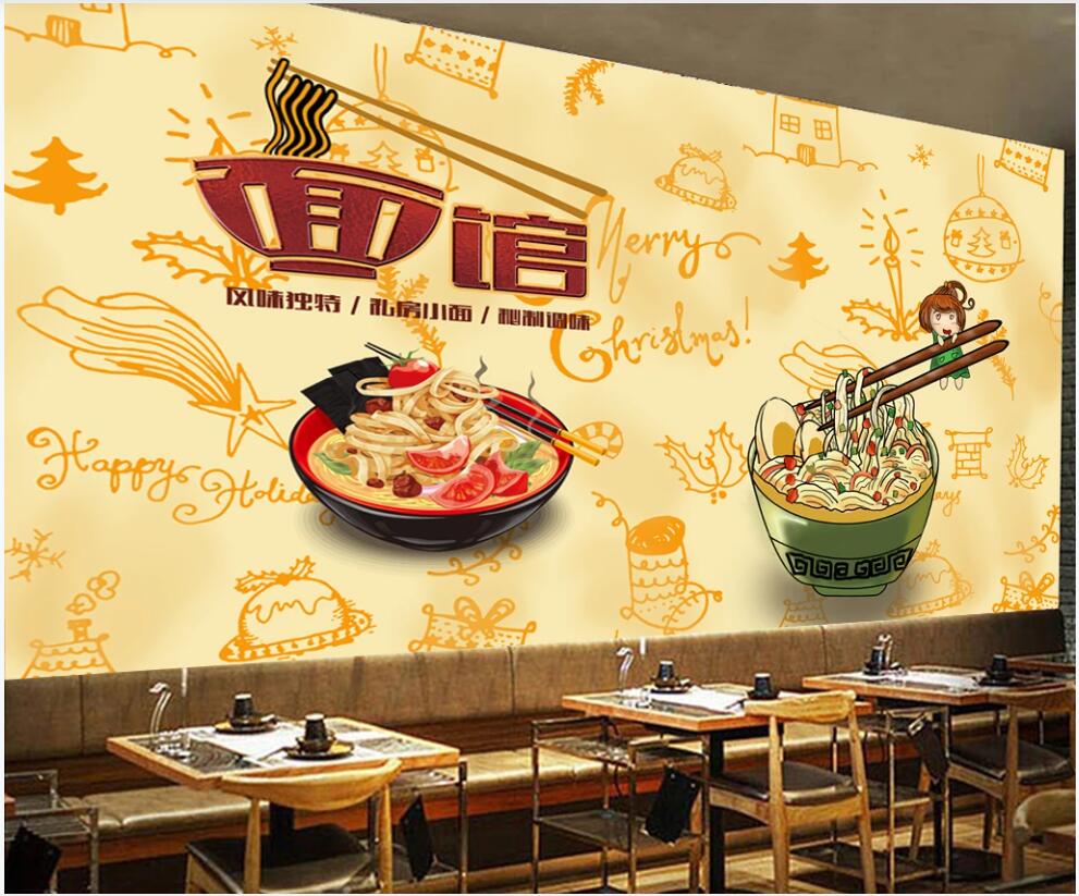 

3d wallpaper custom photo mural Hand drawn cartoon noodle restaurant food Home decor living room 3d wall murals wallpaper for walls 3 d, Non-woven