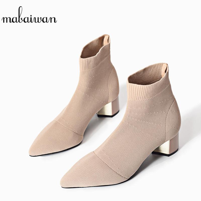 

Mabaiwan 2020 Women Casual Shoes Stretch Fabric Ankle Boots Pointed Toe Slip On Shoes Women Med Heel Gladiator Short Boots Pumps, Black