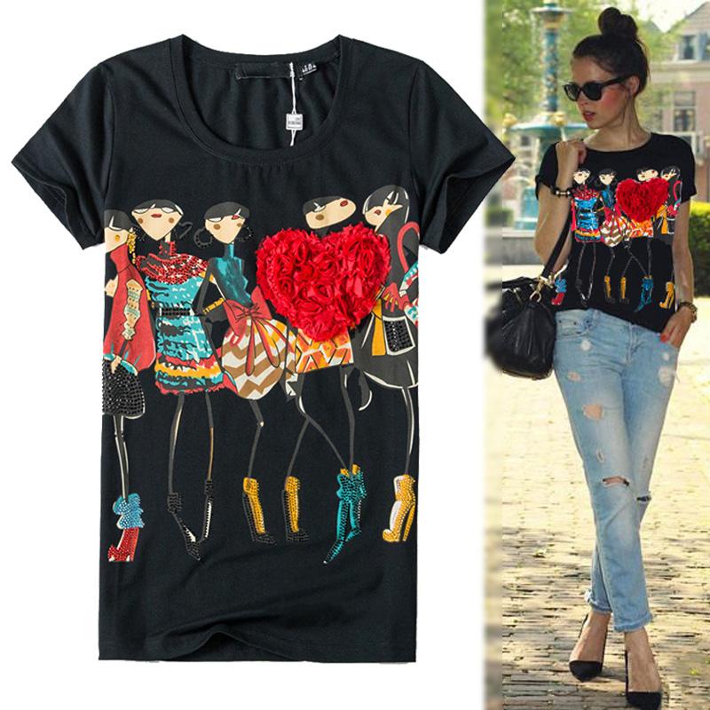 

women tops Appliques Red Heart t shirt women Female Short Sleeve Print poleras de mujer camisas femininas 2020 Rhinestone Tops, Black