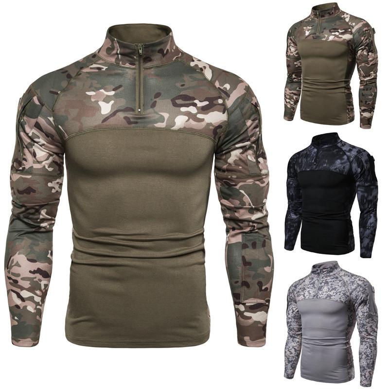 

NEW Men's personality patchwork camouflage long-sleeve T-shirt exercise fitness fitness all zipper stand collar T-shirt, Black