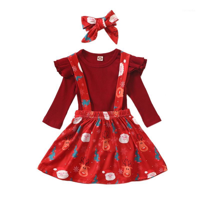 

2020 Christmas Baby Girl Long Sleeve Outfits Ruffle Ribbed Rompers+Strap Skirts+Headband 3Pcs Kids Girls Party Clothes 6M-4T1, As pic