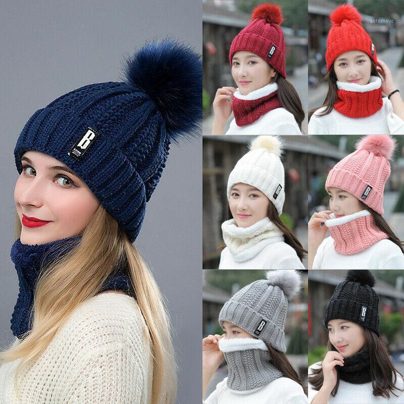 

Hirigin Fashion Winter Warm Hat And Scarf Set Plushed Full Hat and Female Scarf 2019 Winter Beanie Knitted Unisex Accessories1