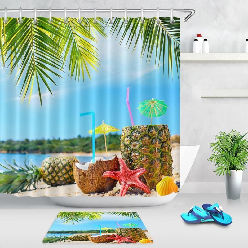 

Tropical Plant Shower Curtain Summer Fruits Coconut Pineapple Drinks Exotic Beach Palm Trees Fabric Bathroom Curtains Decor1