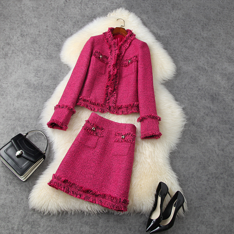 

European and American women's wear 2020 winter new style Long - sleeved tassel coat skirts Fashionable tweed suit two pieces, Red
