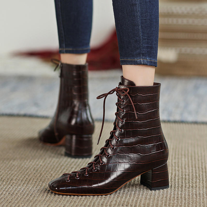 

2020 Arrival Cross-tied New Female Ankle Genuine Leather Boots Heels High Toe Square Foot Elegant Black Party Shoes Woman Dgrt, Black velvet
