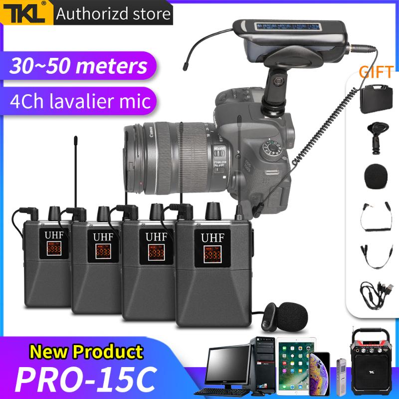 

TKL PRO-15C Four Channel Wireless Lavalier microphone system UHF Lapel microphone camera for Phone Youtube Video