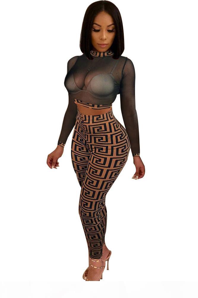 

2018 Autumn Women Sexy Sheer Plaid 2pc Pantsuit Stretchy High Neck Long Sleeve Crop Top High Waist Long Slim Pant Party Two Piece Outfits, White