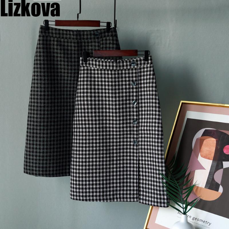 

Lizkova Fall 2020 Plaid Midi Skirts Women Korean Style High Waist Front Split Single Breasted Official Ladies Jupes XYY2102, Gray