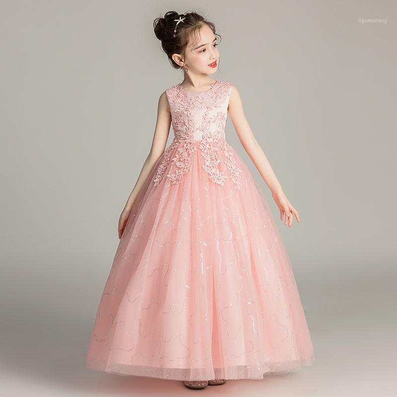 

Cheap High Quality Wedding Party Dress Ivory Pink Light Sky Blue Sequined Tulle Lace Appliques Flower Girl Dress1