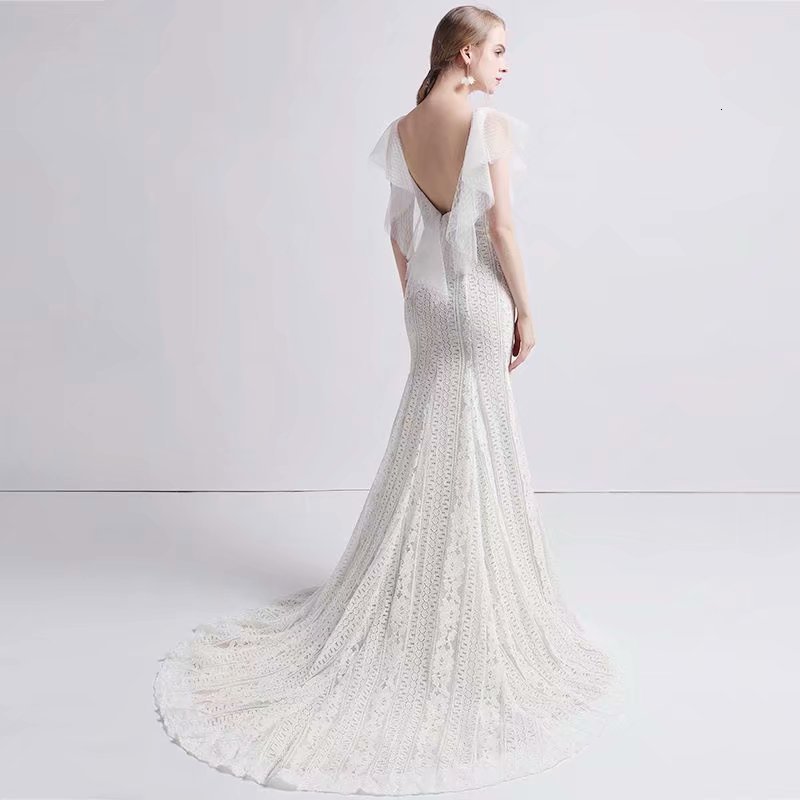 

2021 New Wedding Party Dresses Gown Bride Dressed As a Brand-new Robe Bow Deep Shoulder Cleavage v Sexy Lap STV1, Same as image