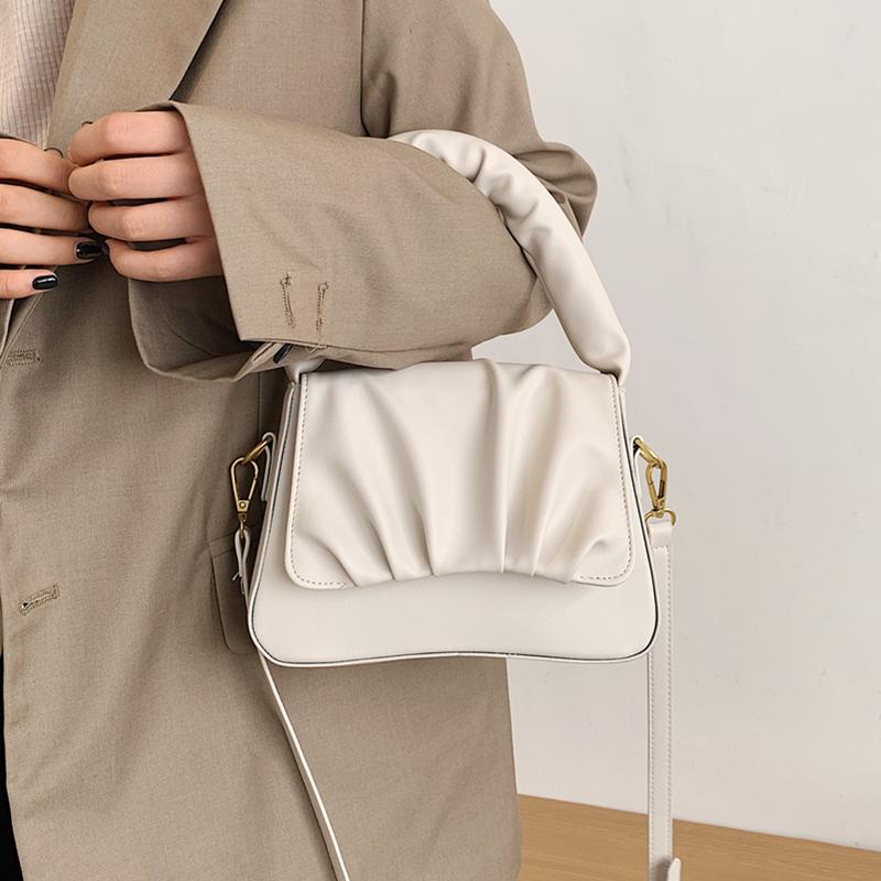 

Elegant Women White Pleated Handbag New Fashion Top-Handle Tote Bag Female Luxury Leather Messenger Bag Solid Color Shoulder, Black