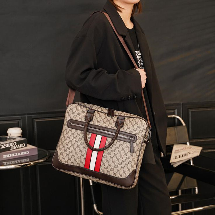 

Factory wholesale men handbag fashion plaid business briefcase England Style color matching striped shoulder bag Joker casual leather computer bags, Khaki-4079