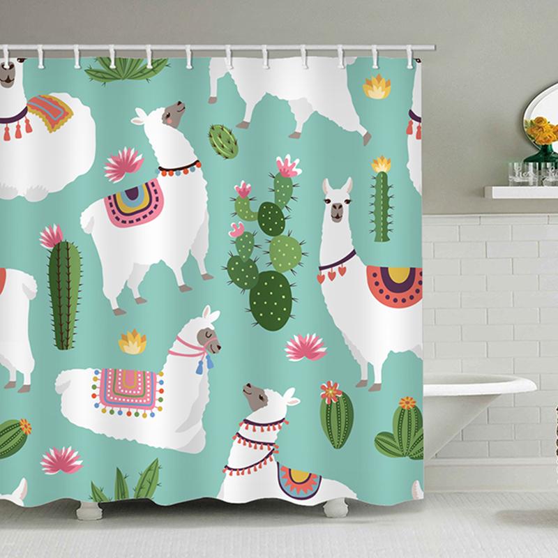 

Lovely Cartoon Alpaca Cactus Pattern Polyester Waterproof Shower Curtains With Rectangle Bath Curtain