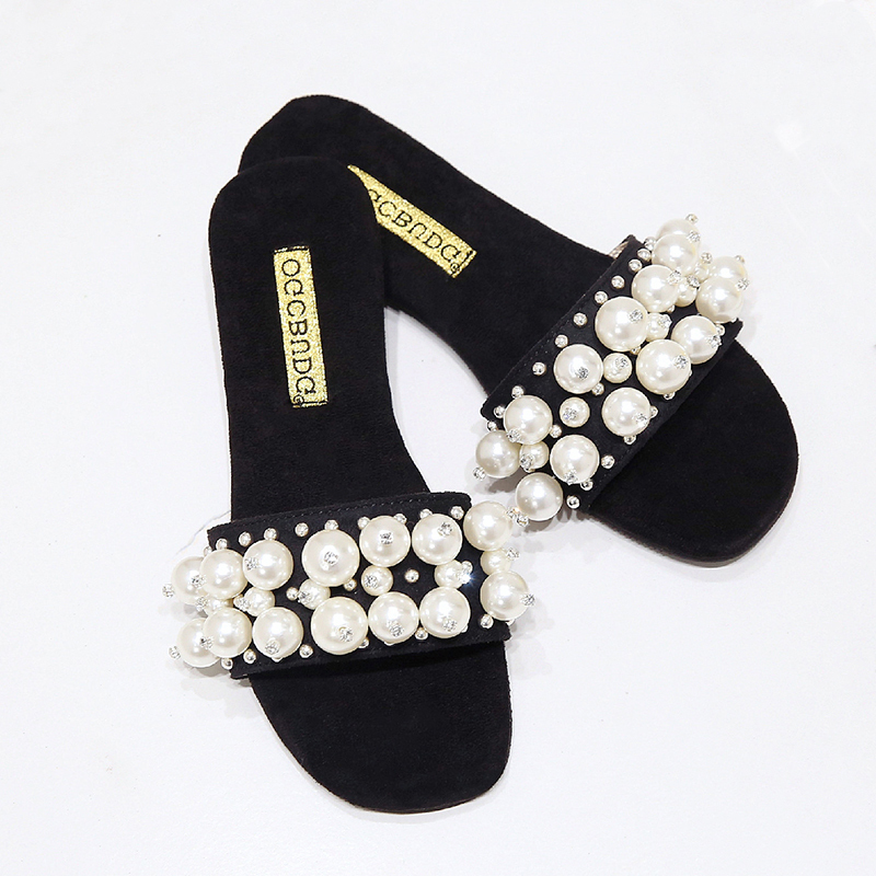 

New Women Pearl Beach Shoes Flat Woman Sandals String Bead Summer 2019 Woman Shoes Lady Fashion Slippers E683 X1020, Black