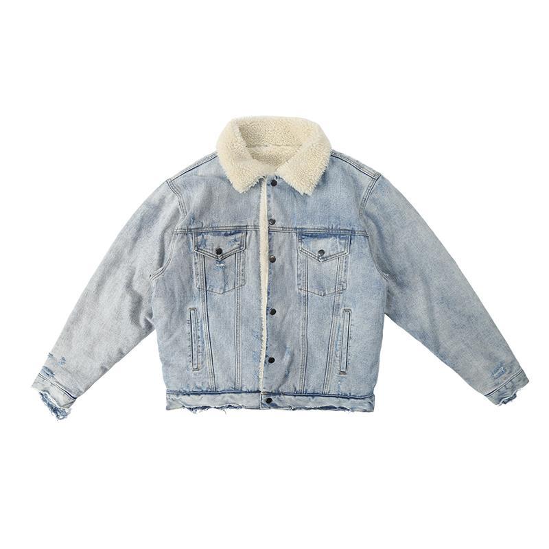 

KANYE heavily washed and worn out damaged lamb fur collar denim jacket trendy men plus velvet warm jacket