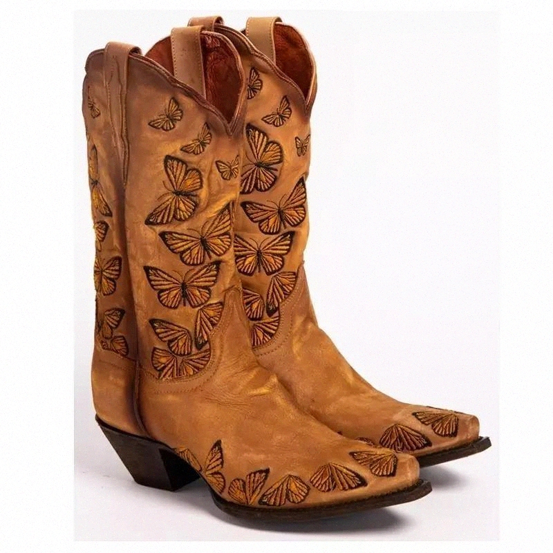 

Women's Embroidered Butterfly Cowgirl Boots Western Boots Womens Retro Knee High Handmade Leather Cowboy Large Size #gp7D, Beige