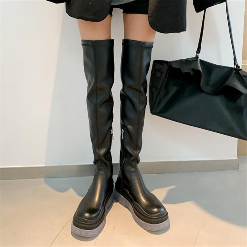 

PXELENA Women Genuine Leather Stretch Thigh High Boots 2020 Autumn Winter Chunky Platform Slim Fit Over The Knee Boots Lady Shoe, Green autumn