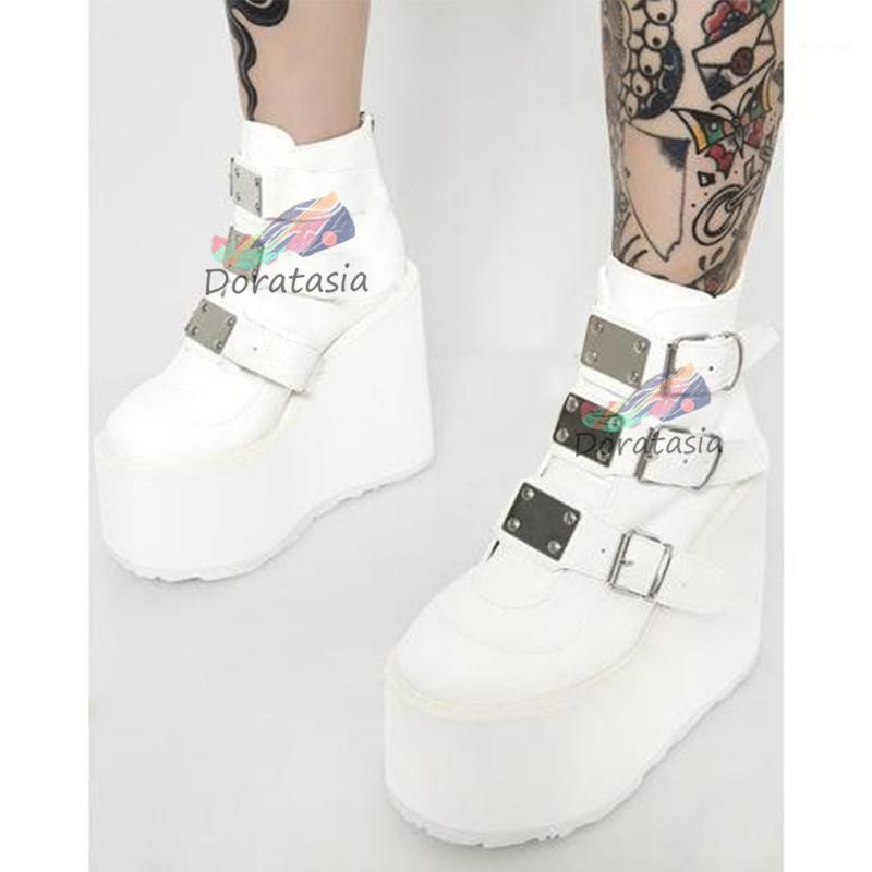 

DORATASIA Wholesale INS Hot Brand High Platform Ankle Boots Women 2020 Fashion Metal Strap Decorating High Wedges Shoes Woman1, White style 1