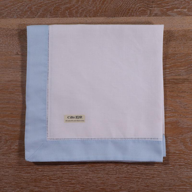 

N037-SB-20: 4pieces White Hemstitch Dinner Napkins Sky Blue hem Ramie Cotton Blend Ladder Hemstitch table linen1