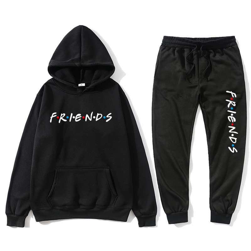 

2021 New Friends Hoodie Harajuku Letter Print Pocket Warm Thick Men's Pullover + Hip Hop Jogging Pants Loose Sweatshirt Set Hqw3, Black