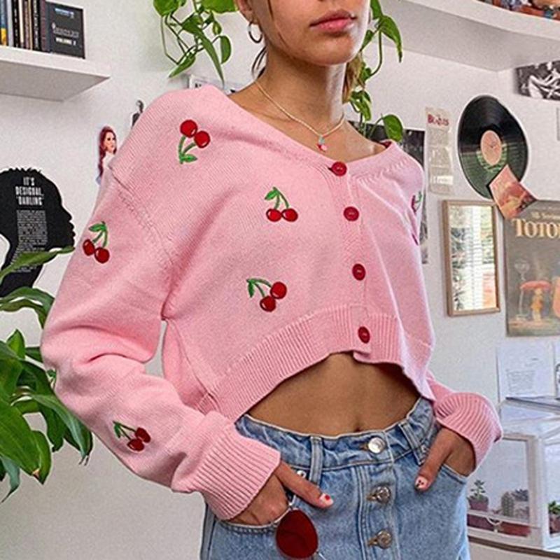 

Cherry Print Shirt Women Slim Casual Fashion Blouse Ladies Long Sleeve Cropped Tops V-neck Trendy Ladies Shirts Streetwear, Pink